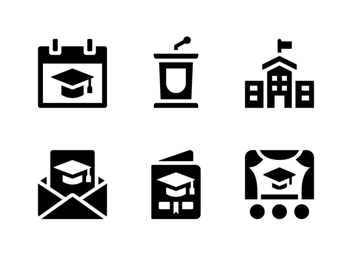 enkel uppsättning av examen relaterade vektor solida ikoner. innehåller ikoner som talarstol, universitetsbyggnad, post och mer.