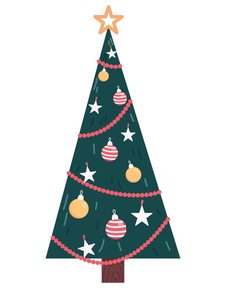 dekorerad julgran isolerad på vit bakgrund. handritad platt vektorillustration vektor