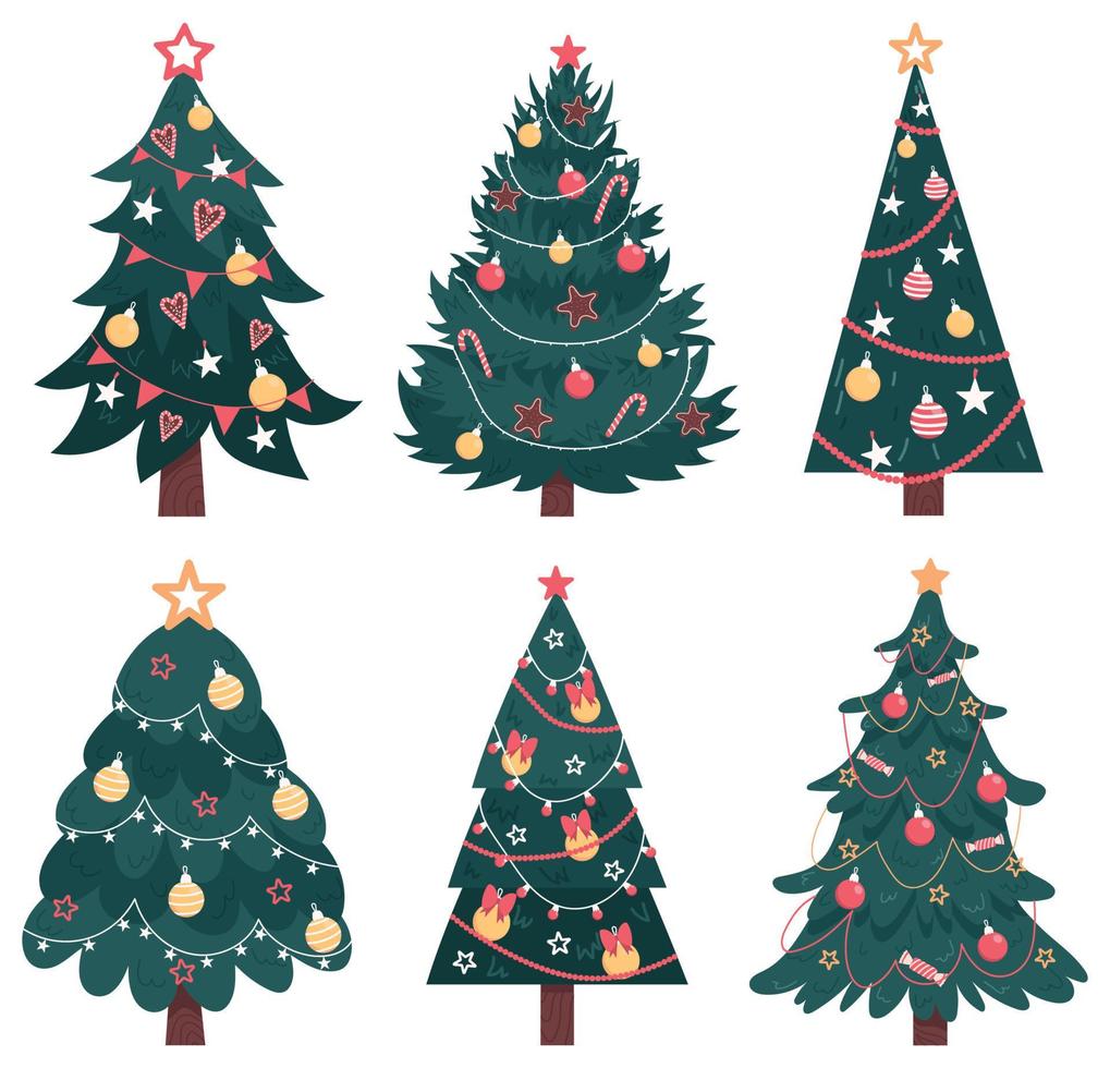 Satz von isolierten Weihnachtsbäumen auf weißem Hintergrund. geschmückte weihnachtsbaumsammlung. hand gezeichnete flache vektorillustration vektor