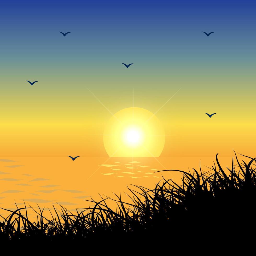 abstrakt solnedgång bakgrund vektorillustration. sommar solnedgång landskap vektor. platt solnedgång design med flygande fågel. vektor