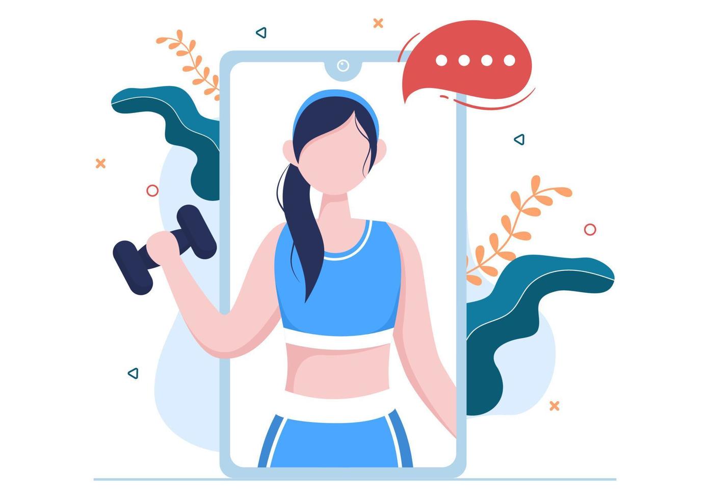 Online-Workout-Fitnessstudio für Menschen, die Hanteln und Gewicht heben, auf dem Laufband joggen, Sport, Wellness oder Fitness in flacher Poster-Hintergrundillustration trainieren vektor