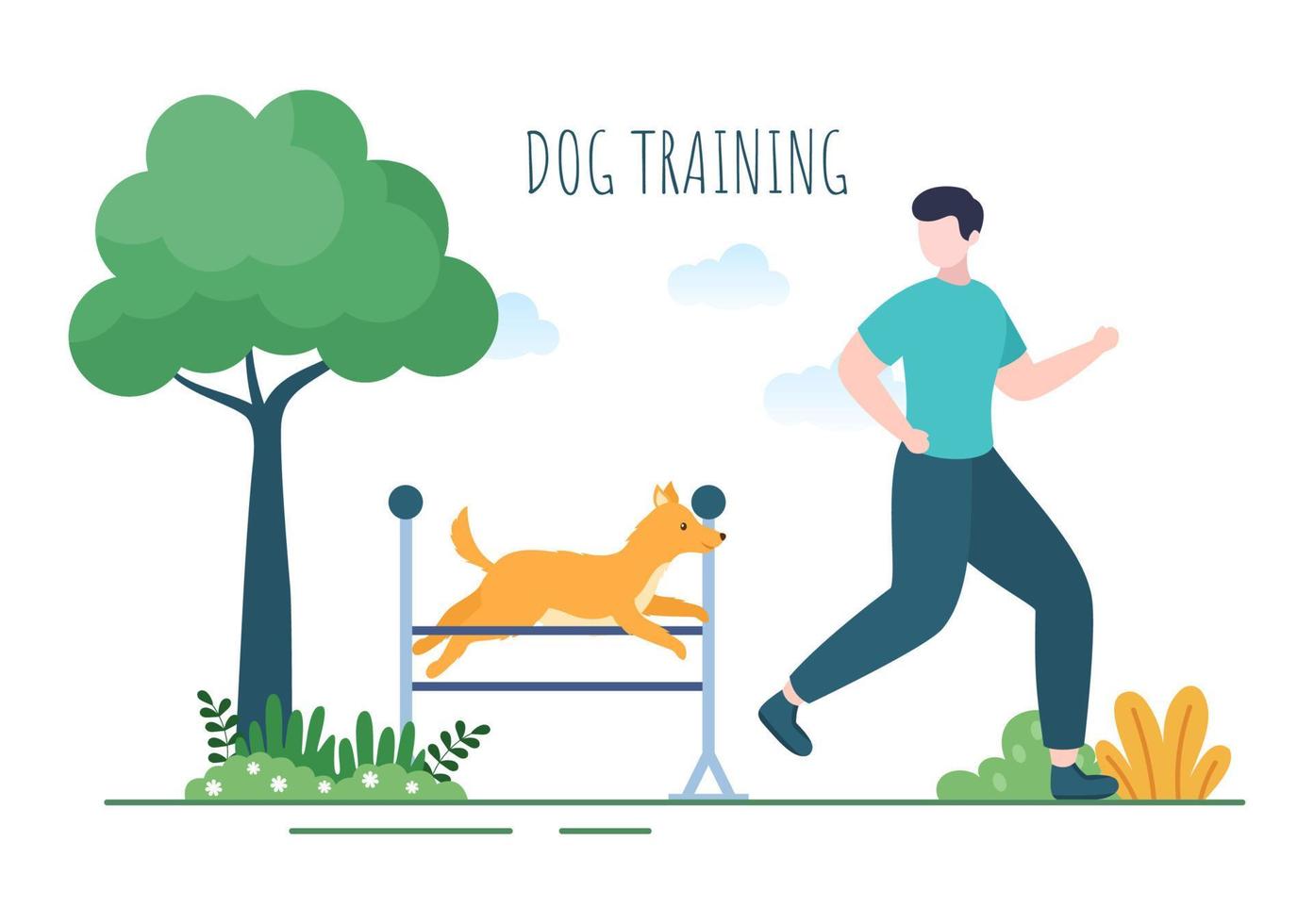hundträningscenter på lekplatsen med instruktör som undervisar husdjur eller lek för trick och hoppfärdigheter i platt tecknad bakgrundsillustration vektor