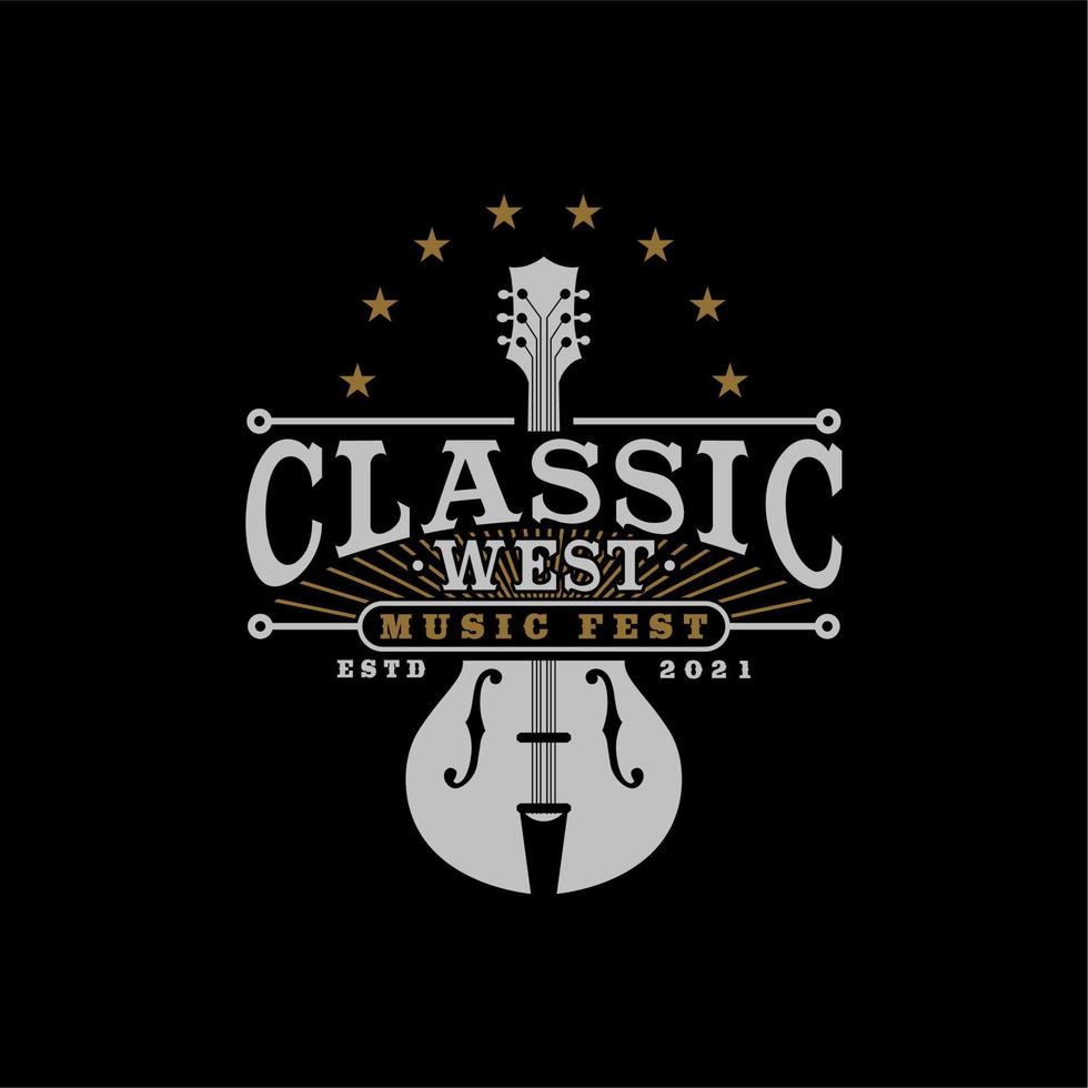 musikfestival-logo mit klassischem und vintage-gitarrensymbol vektor
