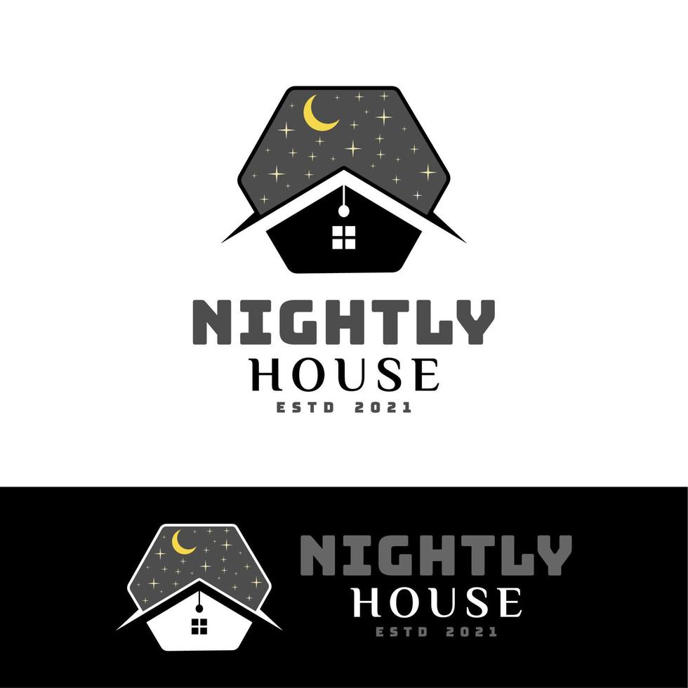 natt hexagon hus med månen och stjärnor logotyp för hotell, logi, hyra hus och lägenhet vektor