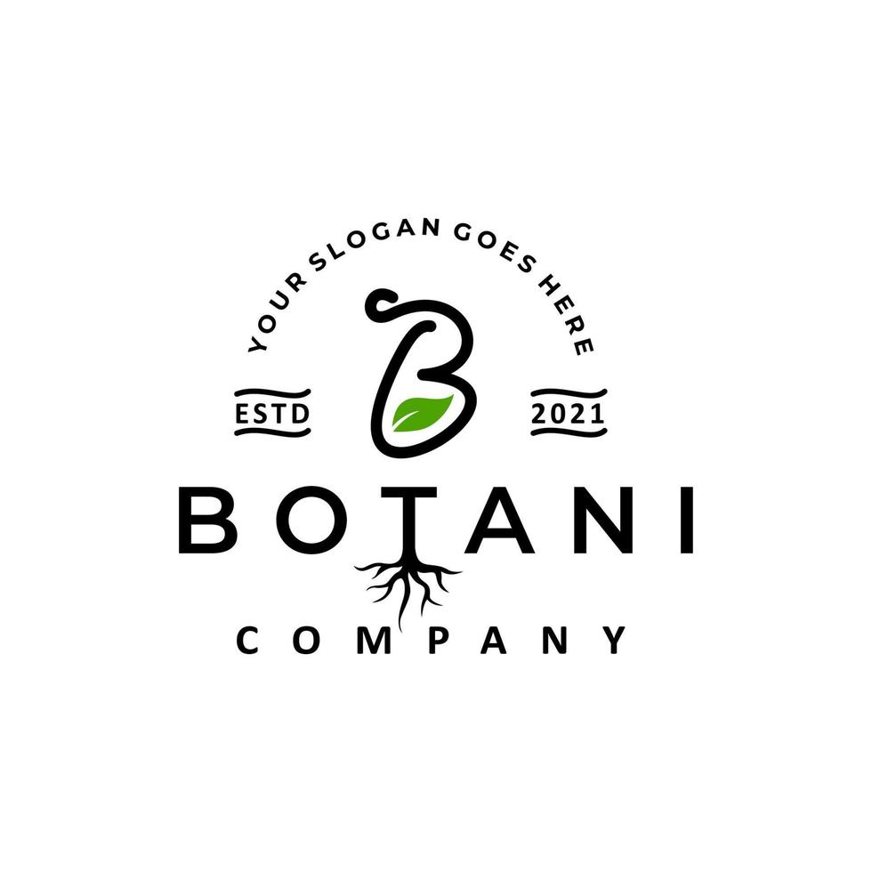bokstav b logotyp med löv och rötter med naturtema, för botanisk logotyp vektor