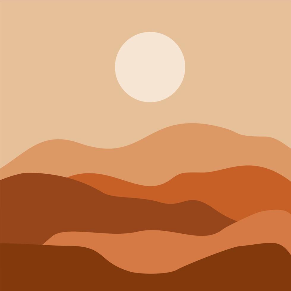 abstrakter zeitgenössischer ästhetischer hintergrund mit wüste, bergen, sonne. Erdtöne, gebranntes Orange, Terrakotta-Farben. Boho-Wanddekoration. Landschaften mit Sonnenaufgang, Sonnenuntergang. Erdtöne, Pastellfarben. vektor