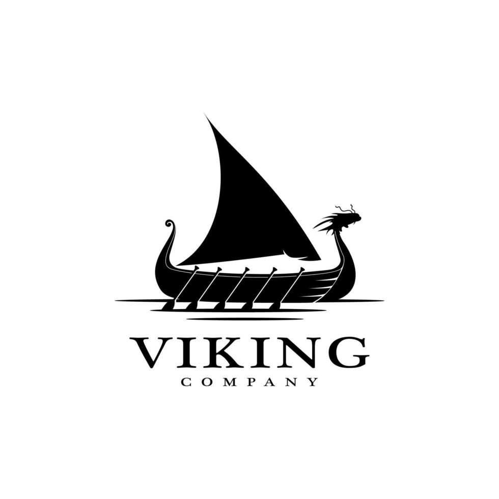 vintage vikingaskepp båt siluett med drakhuvud logotyp design vektor