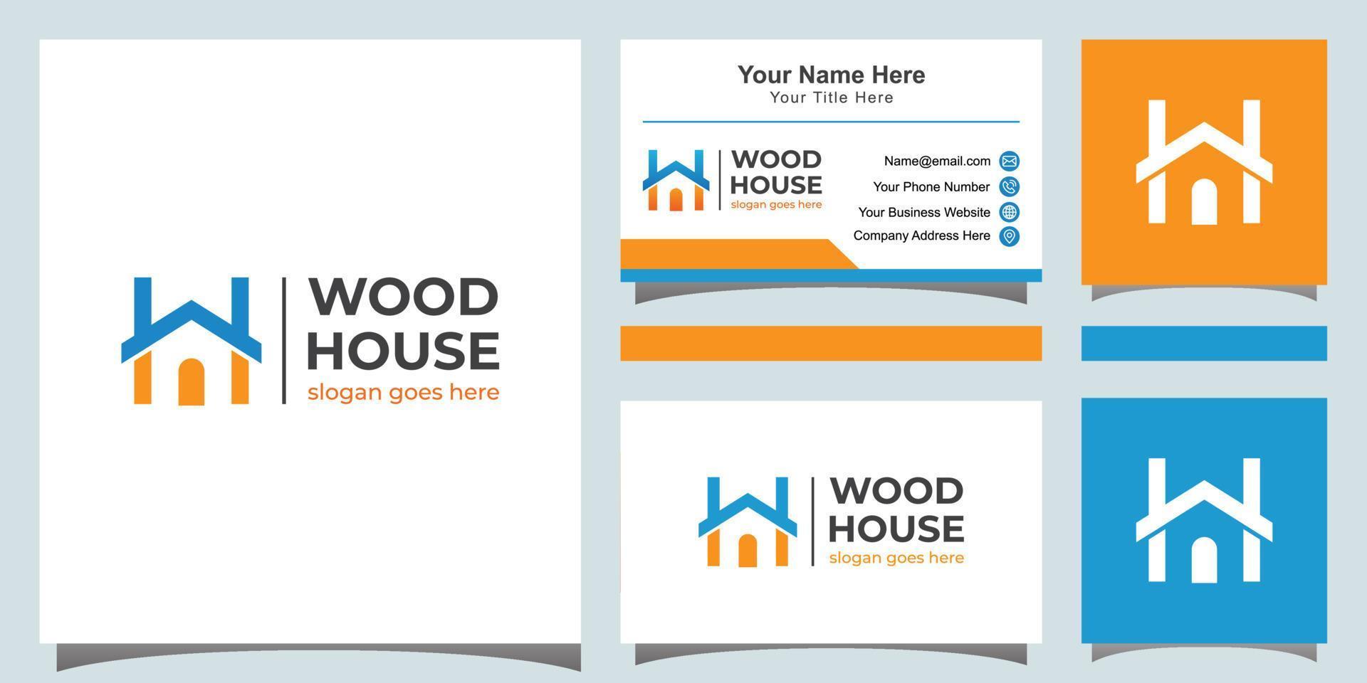 modernes farbiges Holzhaus-Logo. buchstabe w und h für hauslogosymbol mit visitenkarte vektor
