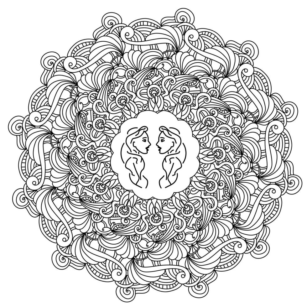Kontur-Zen-Mandala mit Bögen und Fantasy-Locken und einem Symbol in der Mitte, Sternzeichen-Zwillinge in einem runden Doodle-Rahmen mit Wellenlinien, Anti-Stress-Malbuchseite vektor