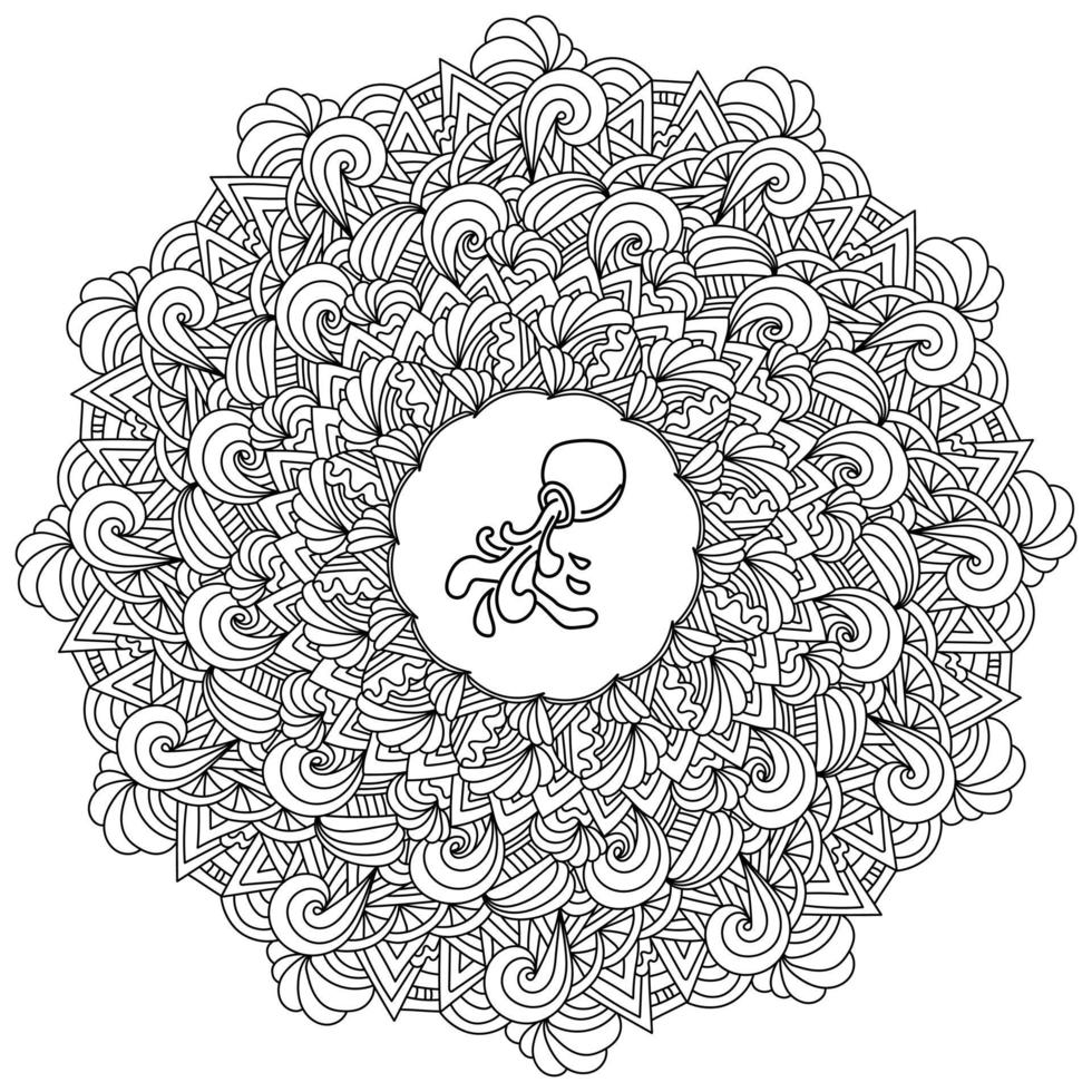 Antistress-Mandala mit Wellen, Locken und Sternzeichen Wassermann in der Mitte, Zen-Malseite in Form eines runden Rahmens mit kunstvollen Mustern vektor