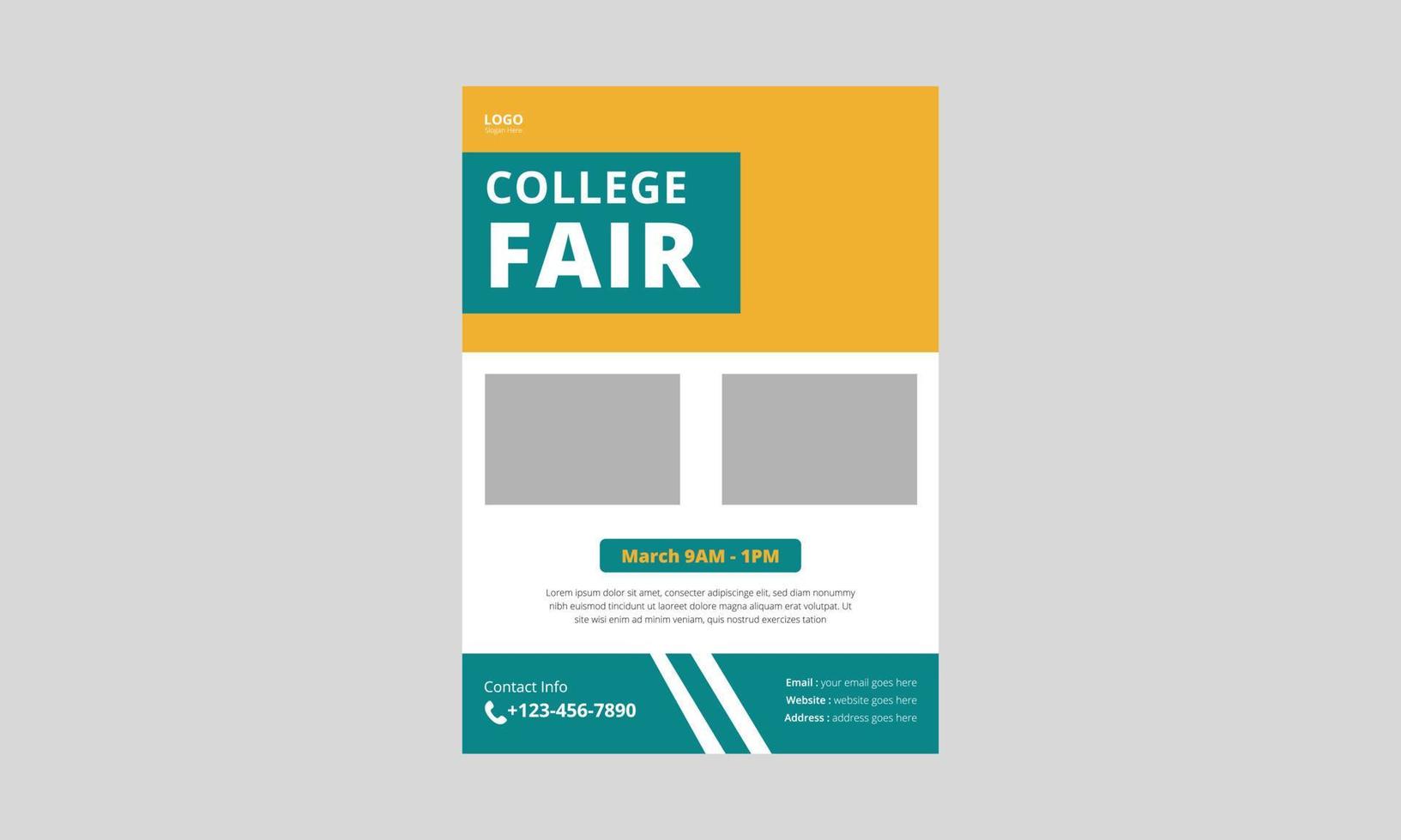 college mässa flyer mall design. utbildning mässan affisch broschyr formgivningsmall. A4-mall, broschyrdesign, omslag, flygblad, affisch, klar för utskrift vektor