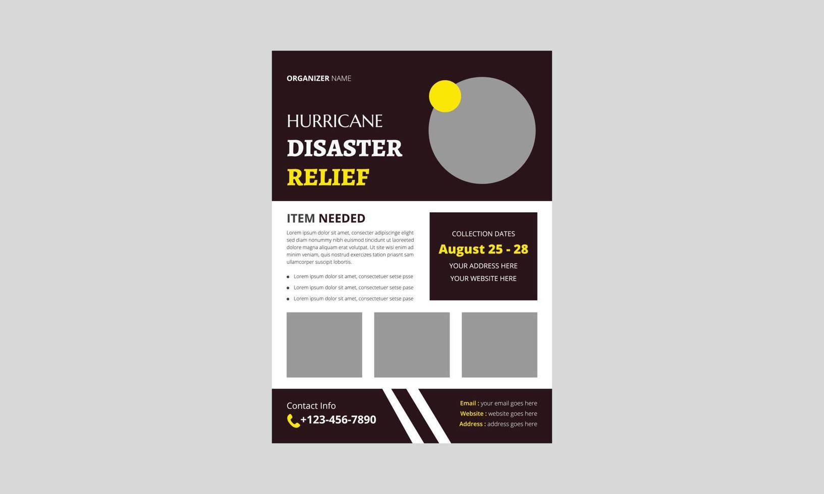 Entwurfsvorlage für Flyer zur Katastrophenhilfe. Hurrikan Relief Flyer Design. Plakatbroschürenvorlage für wohltätige Zwecke. a4 vorlage, broschürendesign, cover, flyer, poster, druckfertig vektor