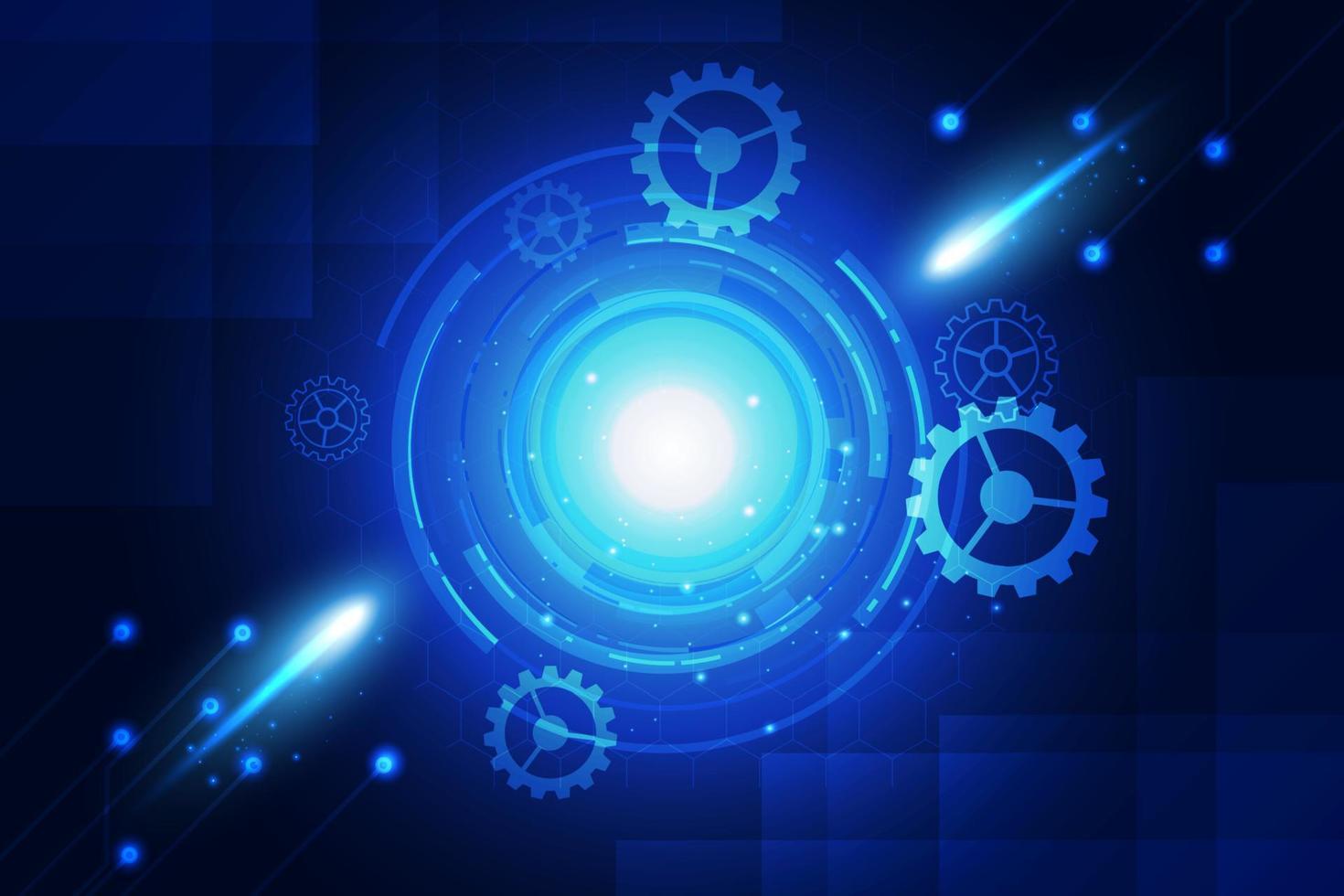 blauer Hintergrund abstraktes Technologie-Kommunikationskonzept mit Zahnrad und Netzwerkzeilen.Vektor vektor
