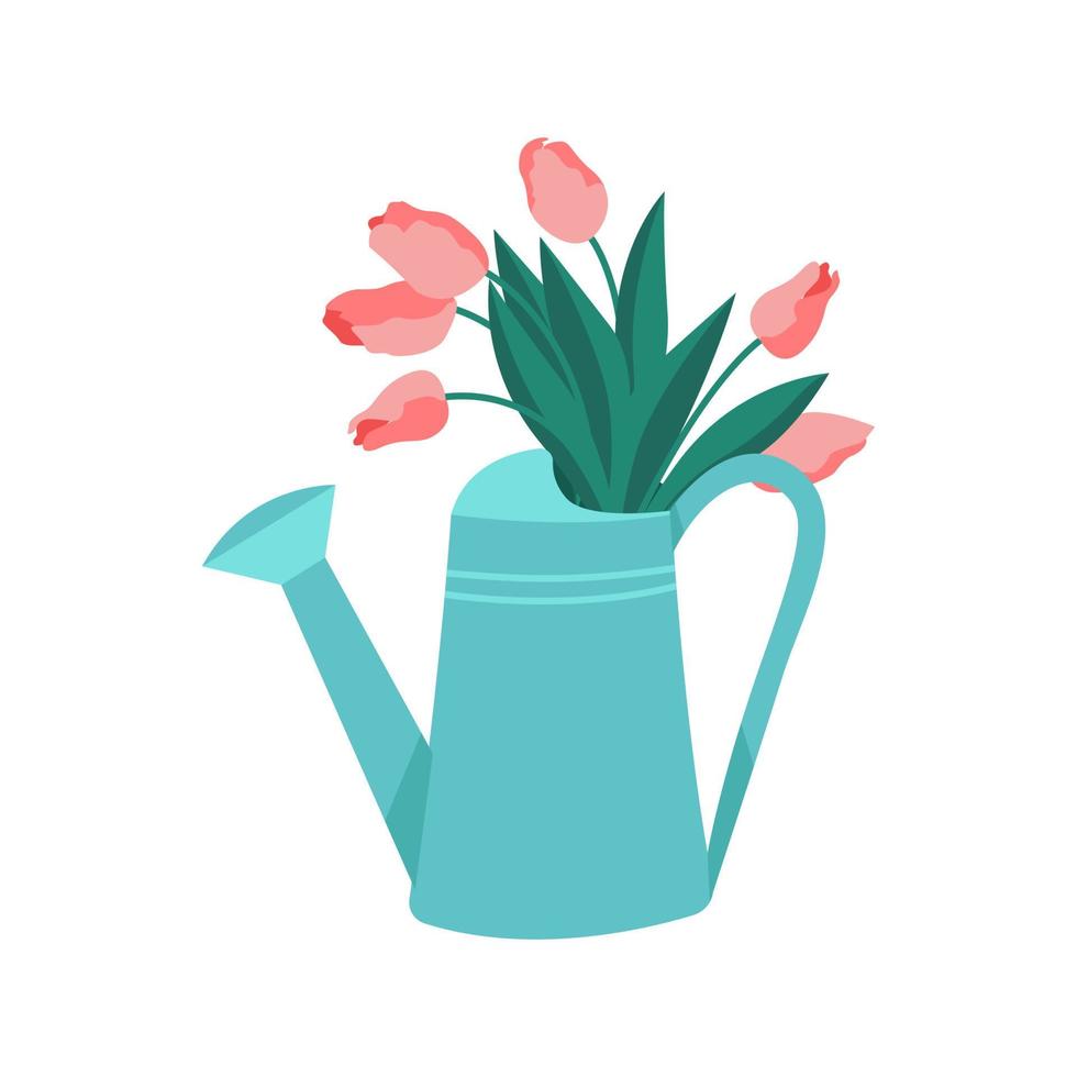 rosa Tulpen in einer Gießkanne. Strauß Frühlingsblumen. Vektor-Illustration vektor