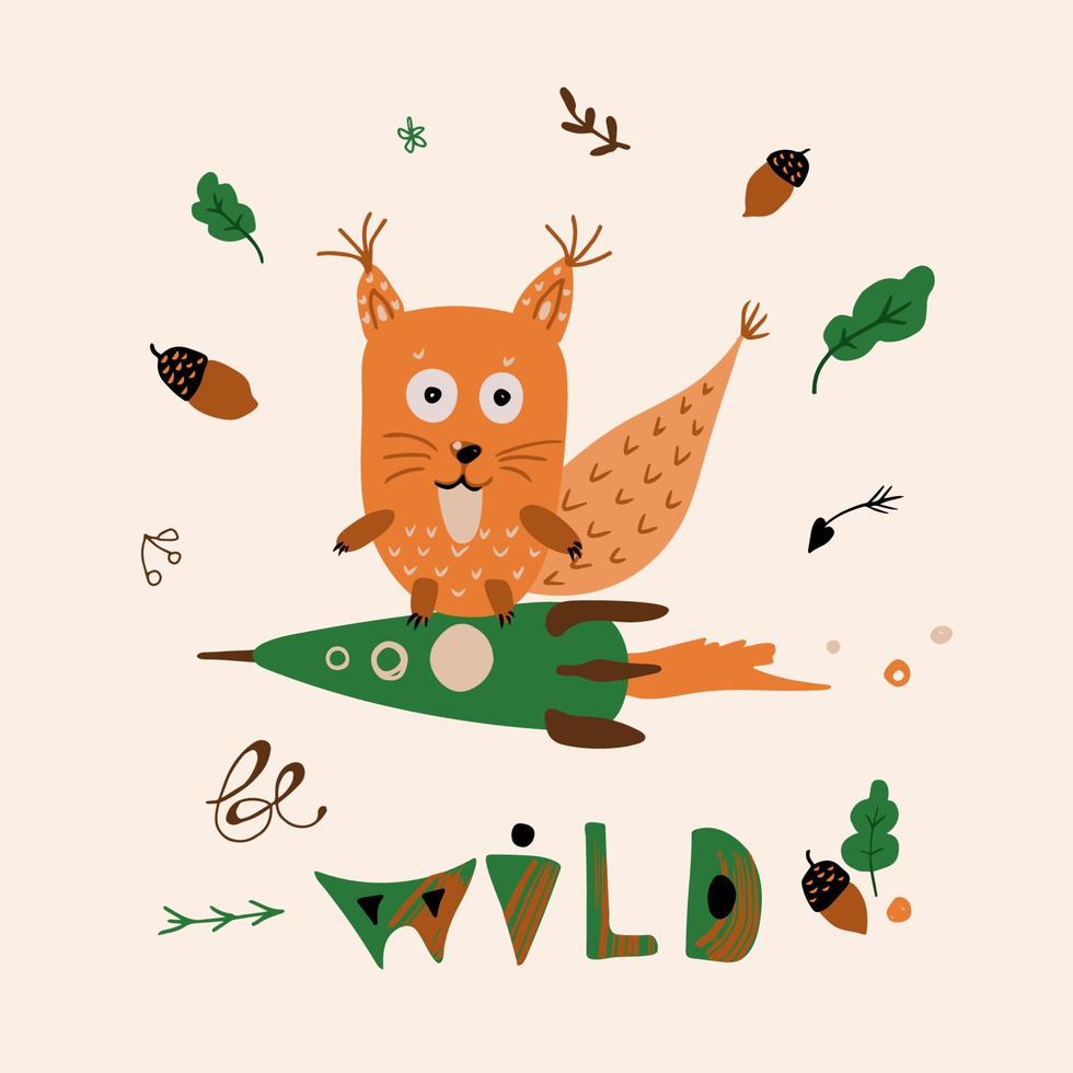 süßes eichhörnchen, das auf rakete im skandinavischen handgezeichneten stil fliegt. Wald lustiges Tier. Vektor-Doodle-Illustration. konzept für kindermode, textildruck, poster vektor