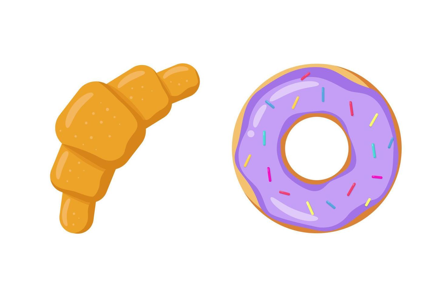 Croissant, Donut mit lila Zuckerguss und bunten Spritzern, isolierte farbige Symbole auf weißem Hintergrund. einfaches Fast-Food-Symbol. leckeres Gebäck zum Frühstück vektor