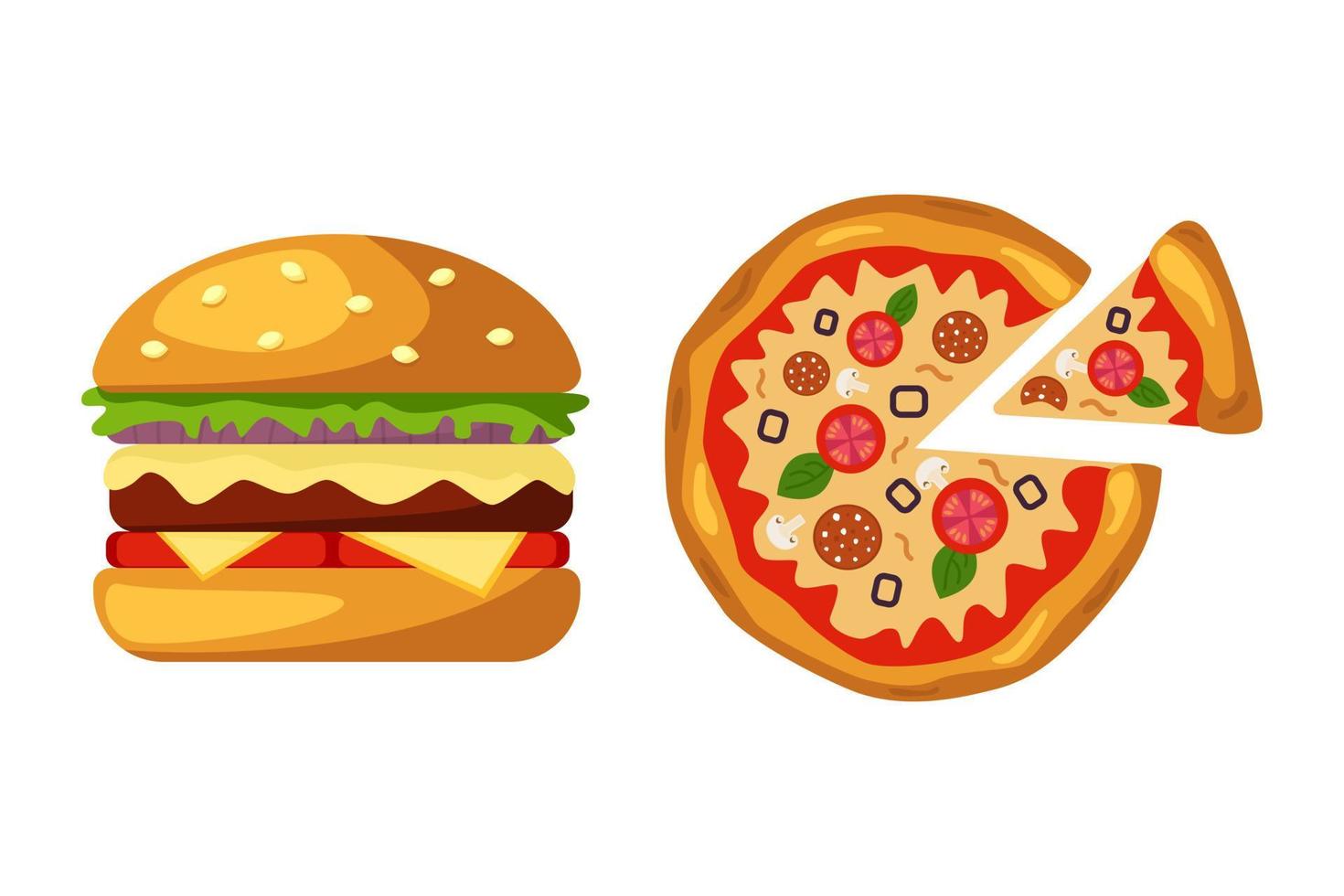 pizza med skiva, med tomater, oliver, korv, ost. hamburgare ikon med ost, sallad, sesambulle. hamburgare, cheeseburgare, pizza, snabb gatumat koncept vektor