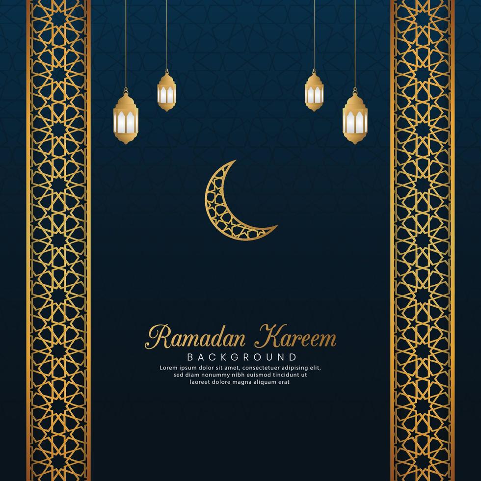 ramadan kareem, islamisk arabisk blå lyxbakgrund med geometrisk mönsterkant och lyktor vektor