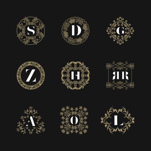 Monogram emblem insignier uppsättning. Kalligrafisk logotyp prydnad vektor