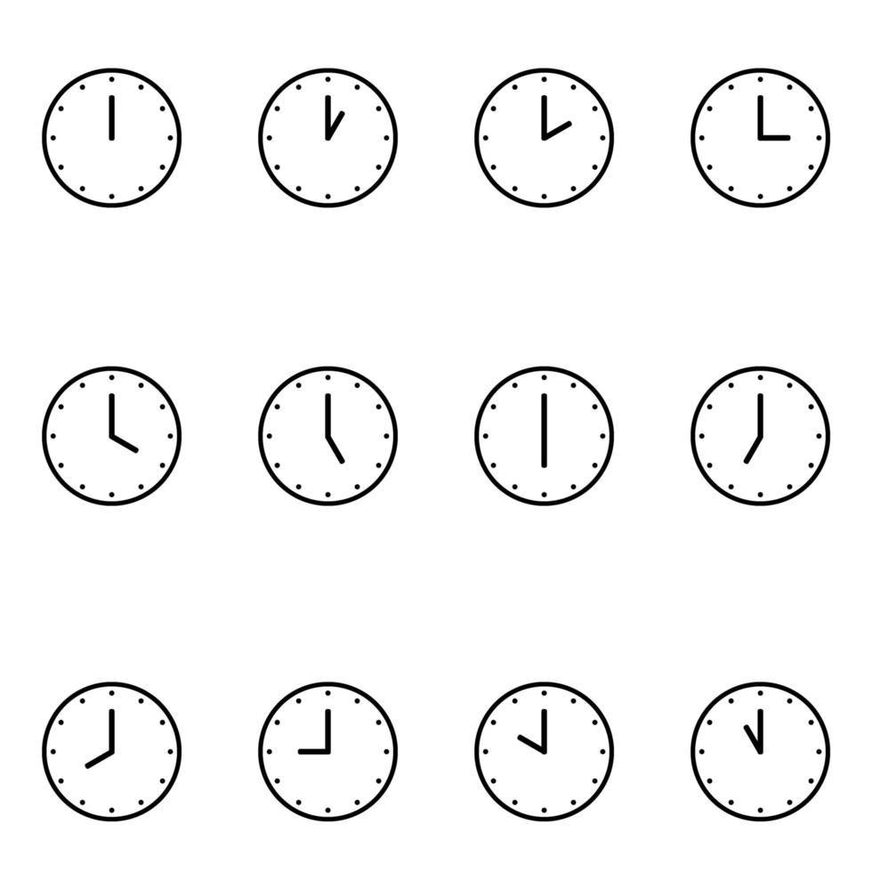 satz von analoguhrsymbolen, die jede stunde benachrichtigen, isoliert auf weiß, vektorillustration vektor