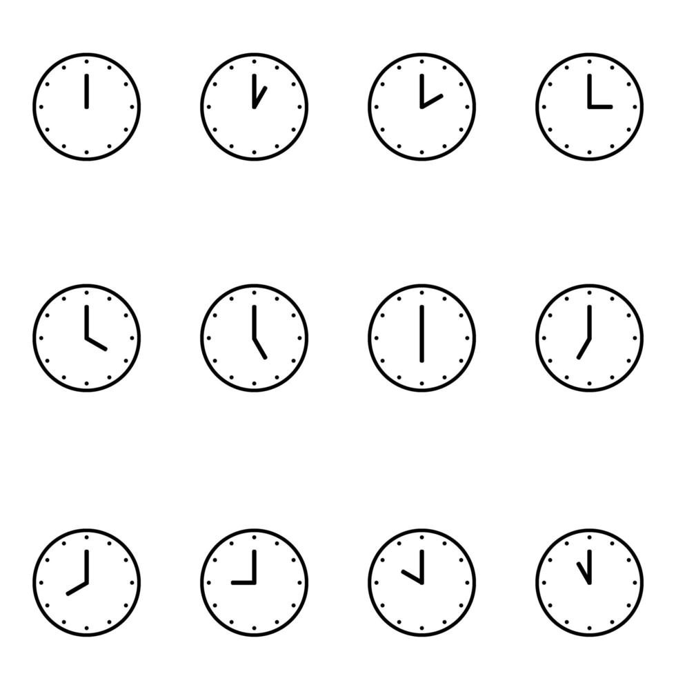 uppsättning av analoga klockikoner meddelar varje timme, isolerad på vitt, vektorillustration vektor