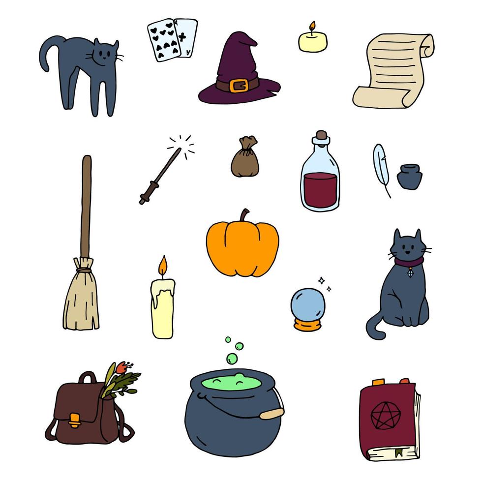 Halloween buntes Set. Zaubersammlung im Doodle-Stil. Vektor-Illustration isoliert auf weißem Hintergrund. symbole der mystik, wahrsagen, hexenkram vektor