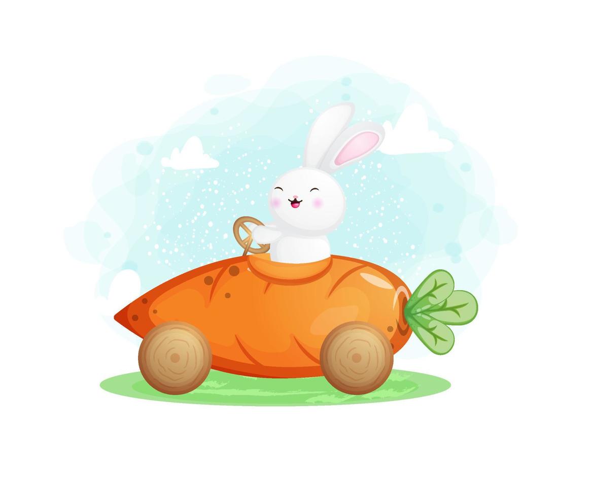 söt glad leende kanin som kör en morotsbil. glad påsk vektor