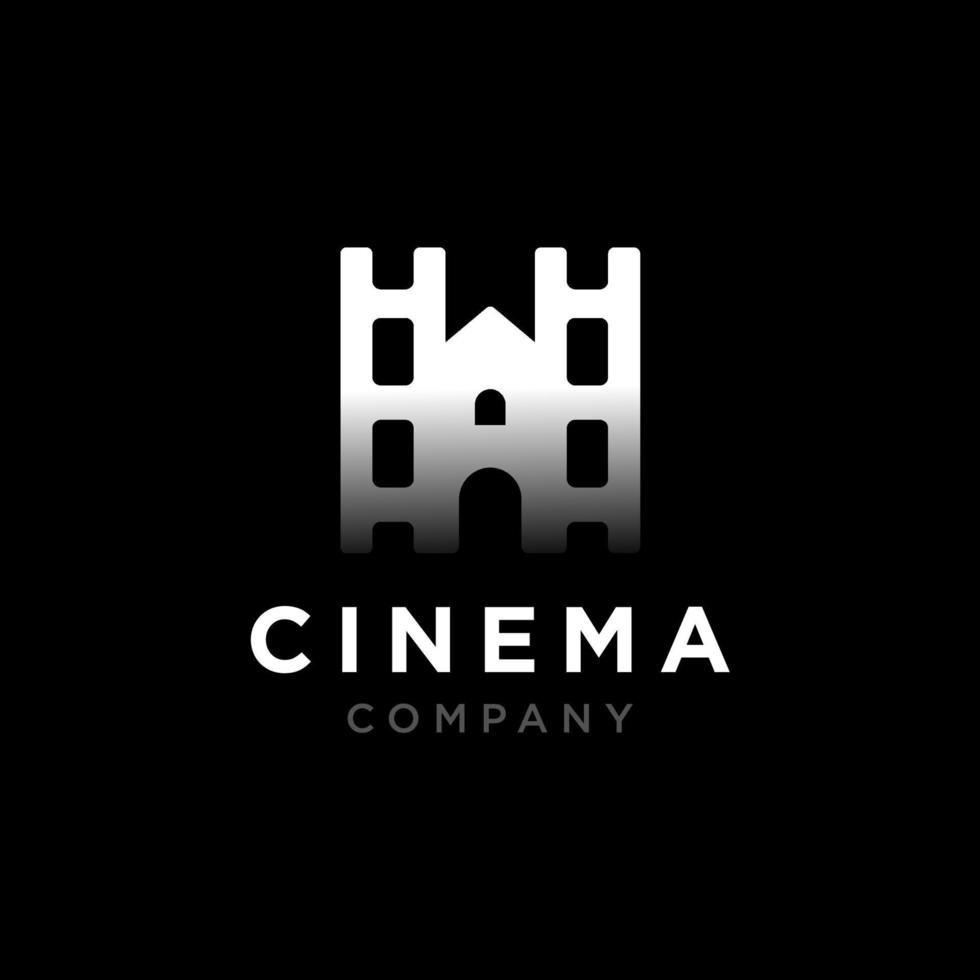 Logo-Design des Schlossfilmmachers. Filmstreifen mit Schlossvektorillustration für die grafische Vorlage der Filmstudioproduktion. vektor