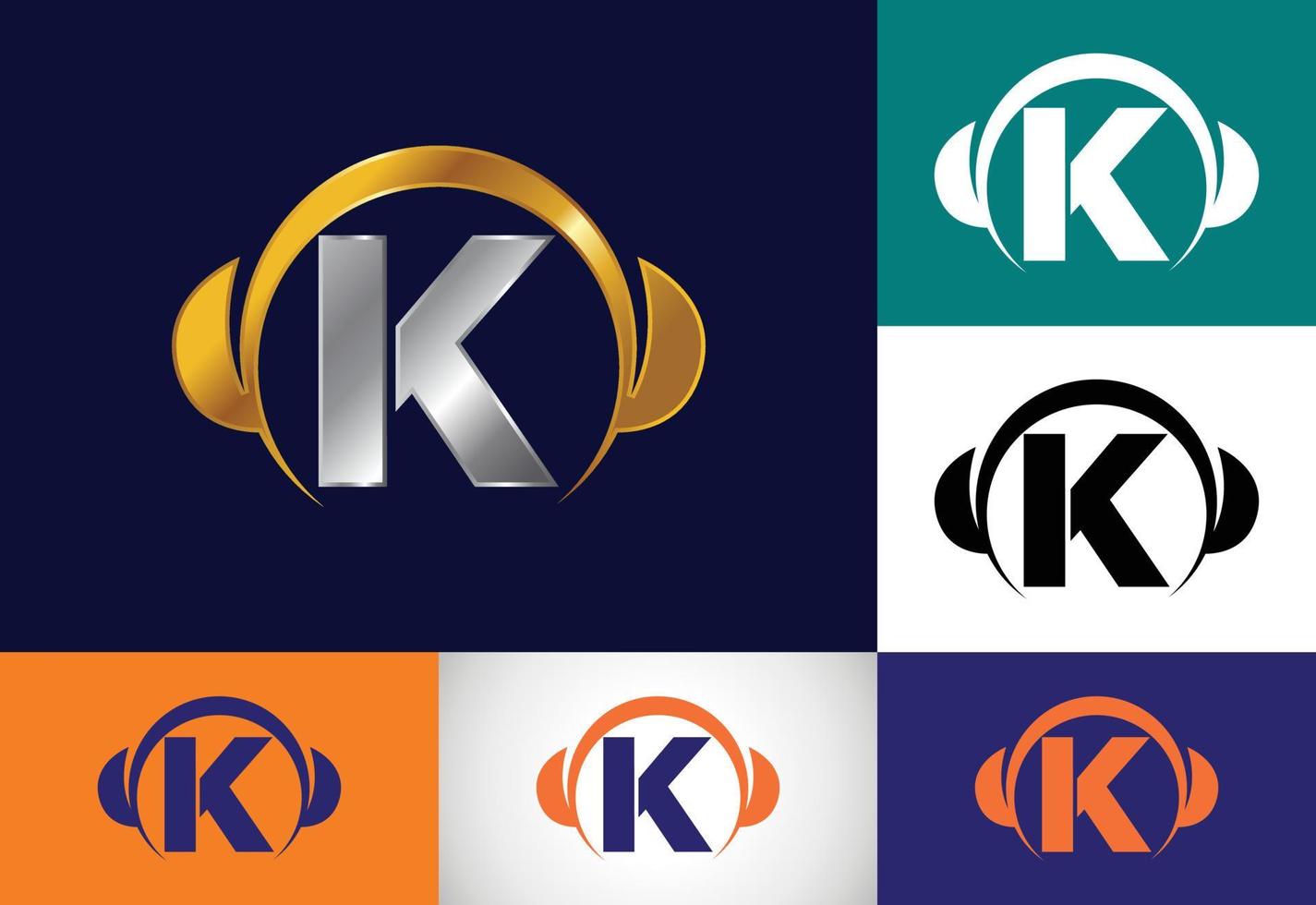 anfängliches k-monogrammalphabet mit einem kopfhörer. Kopfhörer-Logo. Musik-Zeichen-Symbol. Schriftart-Emblem. vektor