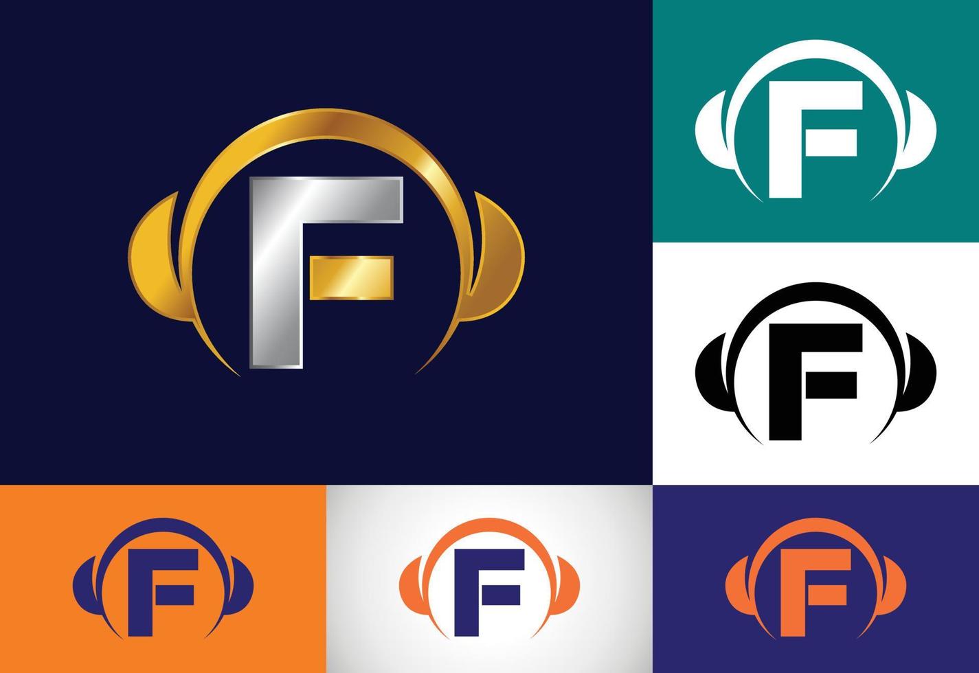 anfängliches f-monogrammalphabet mit einem kopfhörer. Kopfhörer-Logo. Musik-Zeichen-Symbol. Schriftart-Emblem. vektor