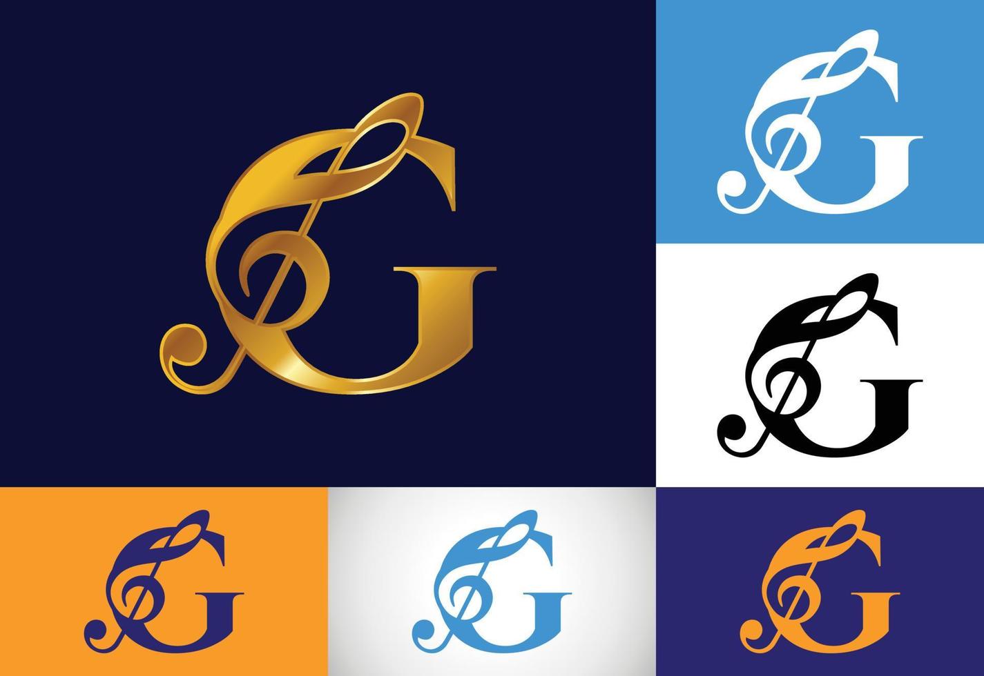 initial g monogram alfabet med en musikalisk not. symfoni- eller meloditecken. musikaliska tecken symbol. vektor