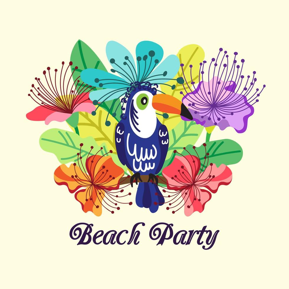Einladung zu einer Strandparty mit tropischen Blumen, exotischen Blättern und Tukan. vektor