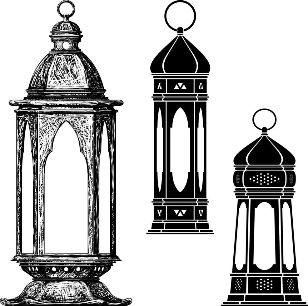 Arabische Taschenlampe. ramadan kareem.street lamp.flashlight.silhouettes von Retro-Laterne.Zeichnung. vektor