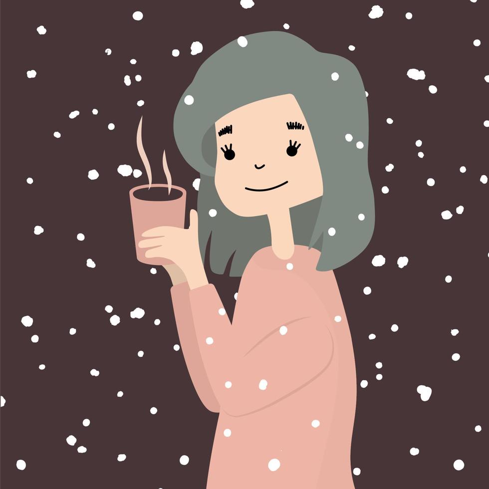 porträt des niedlichen winterkarikaturmädchens mit kaffeetasse vektor
