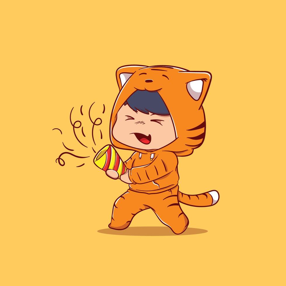 söt pojke tecknad med en tiger kostym med konfetti vektor