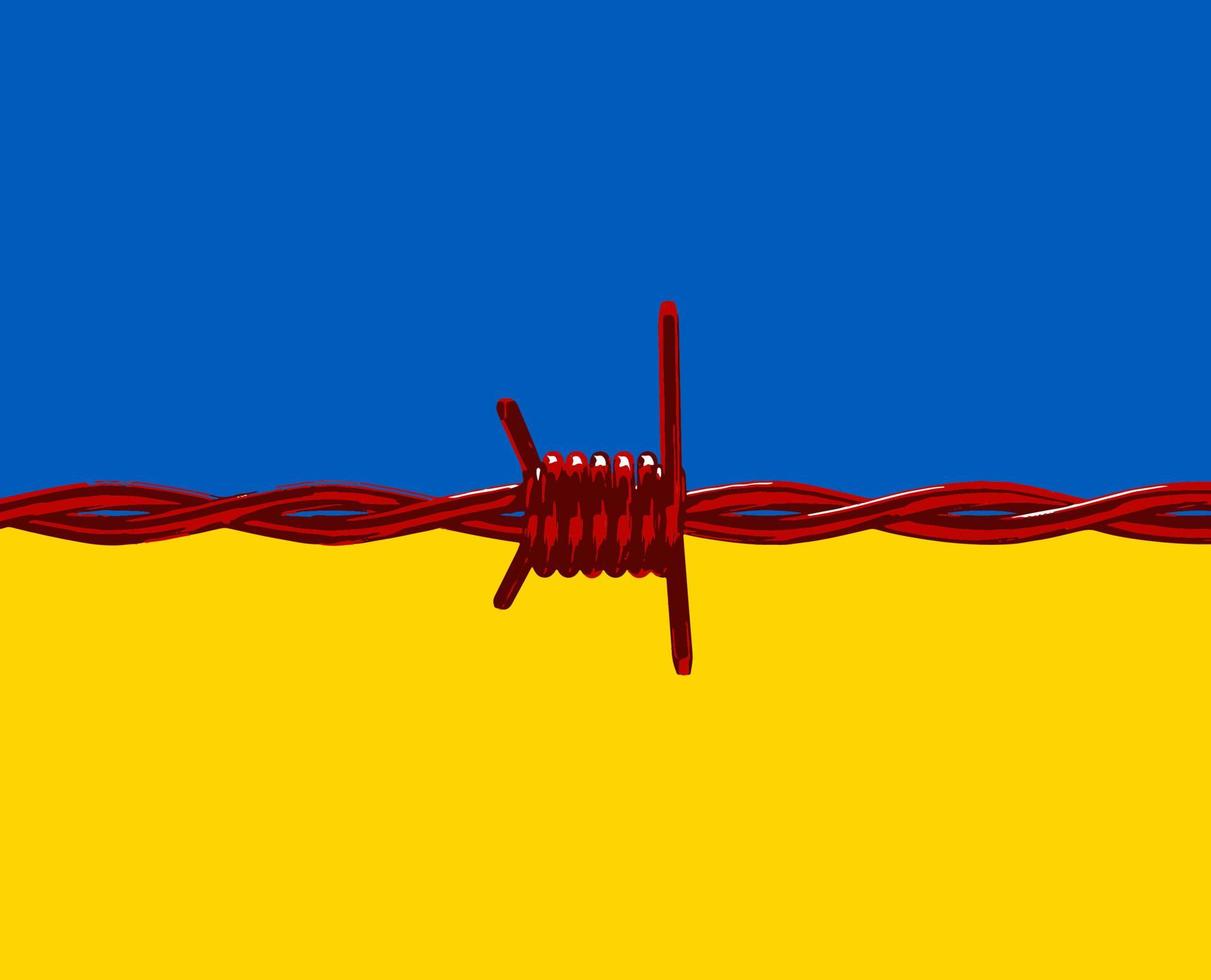 roter stacheldraht gegen die blau-gelbe flagge der ukraine, antikriegsillustration vektor