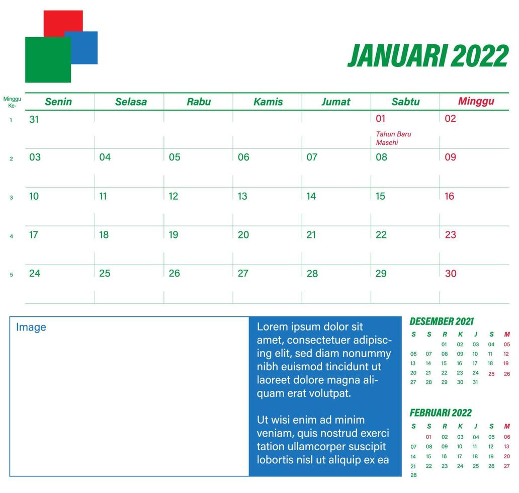 enkel kalendermall för januari 2022. veckan börjar på måndag. söndag markerad. med Indonesiens helgdagar markerade. eps 10 vektorillustration, ingen transparens, inga gradienter vektor