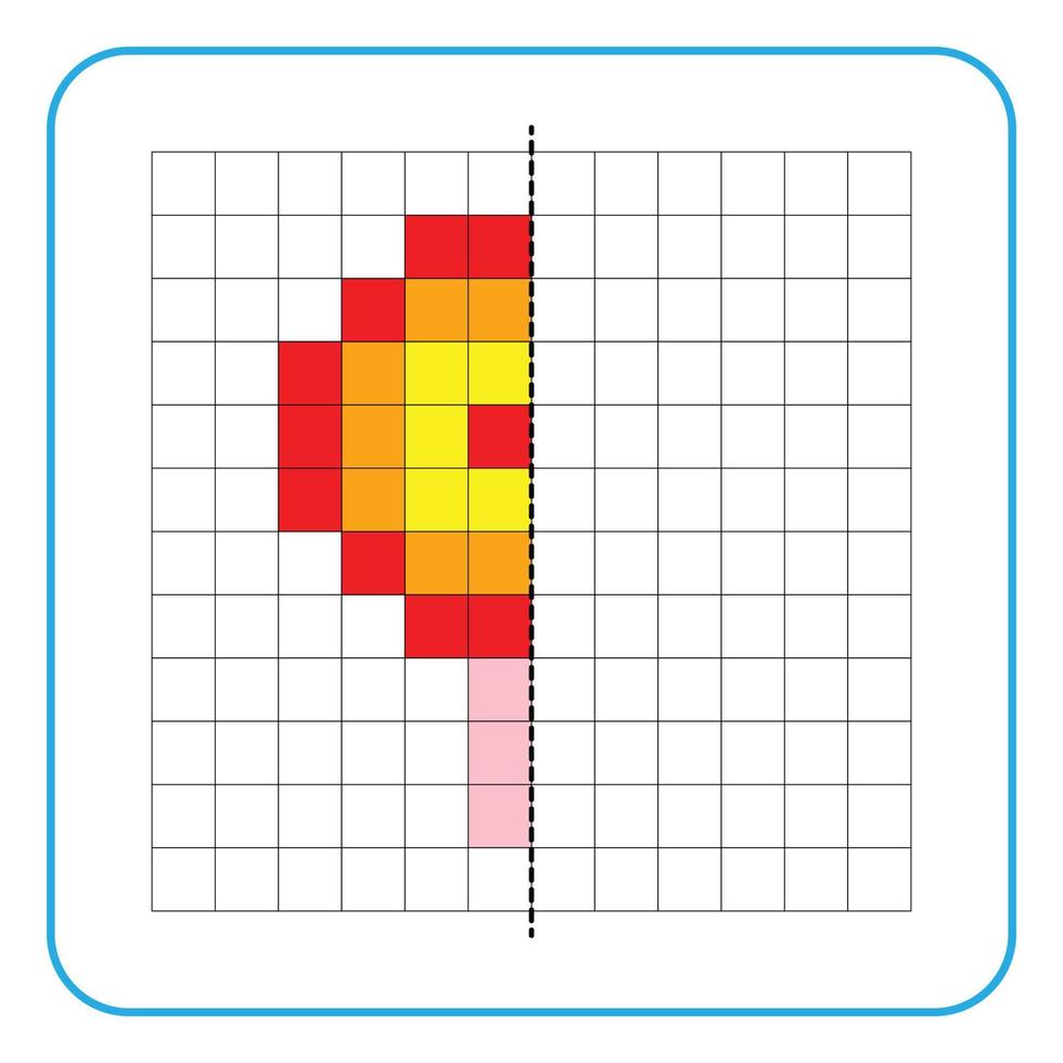 Bild Reflexion Lernspiel für Kinder. lernen, symmetrische Arbeitsblätter für Vorschulaktivitäten auszufüllen. Ausmalen von Rasterseiten, visuelle Wahrnehmung und Pixelkunst. Beenden Sie die bunten Süßigkeiten. vektor