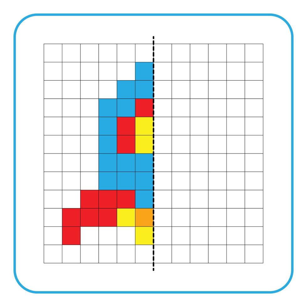 Bild Reflexion Lernspiel für Kinder. lernen, symmetrische Arbeitsblätter für Vorschulaktivitäten auszufüllen. Ausmalen von Rasterseiten, visuelle Wahrnehmung und Pixelkunst. Beenden Sie die Weltraumrakete. vektor