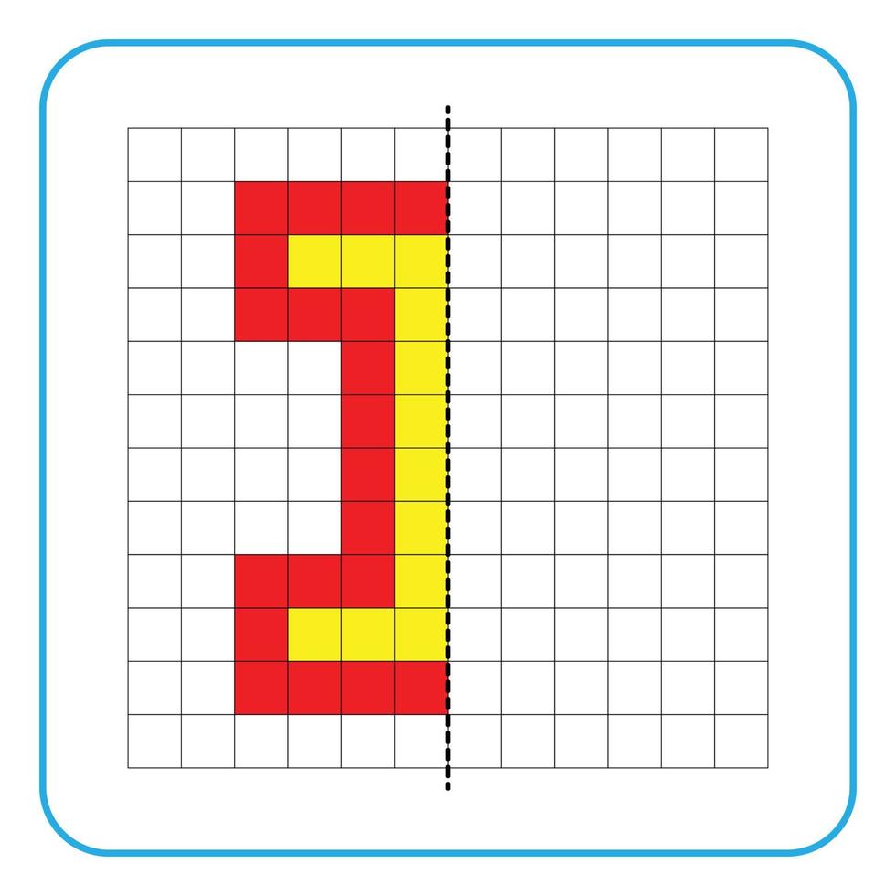 Bild Reflexion Lernspiel für Kinder. lernen, symmetrische Arbeitsblätter für Vorschulaktivitäten auszufüllen. Ausmalen von Rasterseiten, visuelle Wahrnehmung und Pixelkunst. Beende den Buchstaben i. vektor