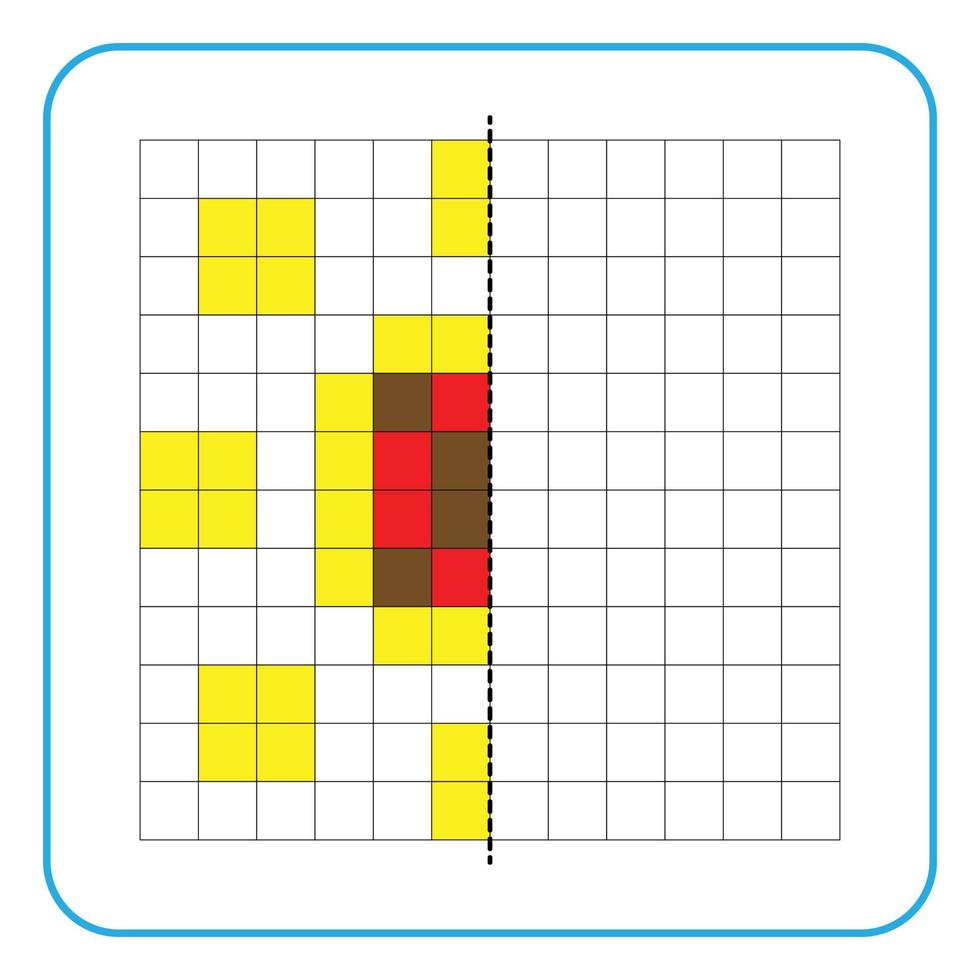 bild reflektion pedagogiskt spel för barn. lära sig att fylla i symmetriska arbetsblad för förskoleverksamhet. uppgifter för att måla rutnätssidor, bildmosaiker eller pixelkonst. avsluta solrosen. vektor