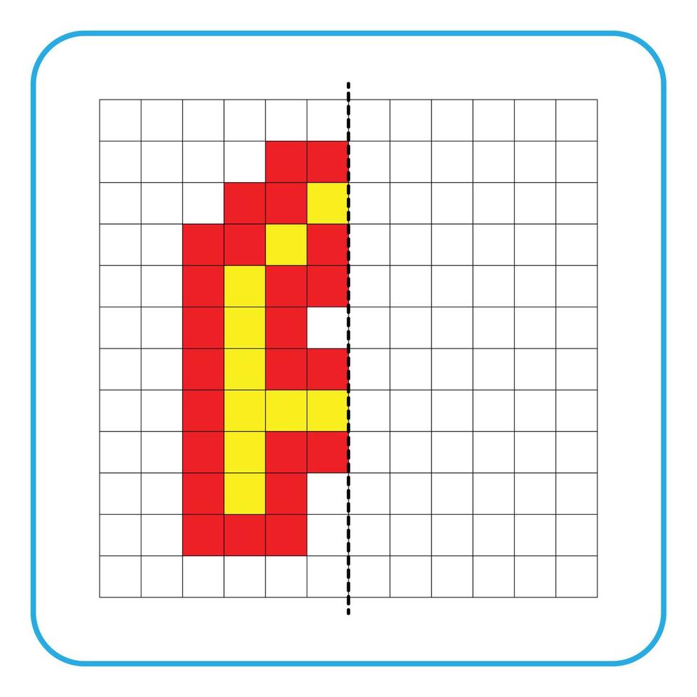 bild reflektion pedagogiskt spel för barn. lära sig att fylla i symmetriska arbetsblad för förskoleverksamhet. målarbilder, visuell perception och pixelkonst. avsluta bokstaven a. vektor