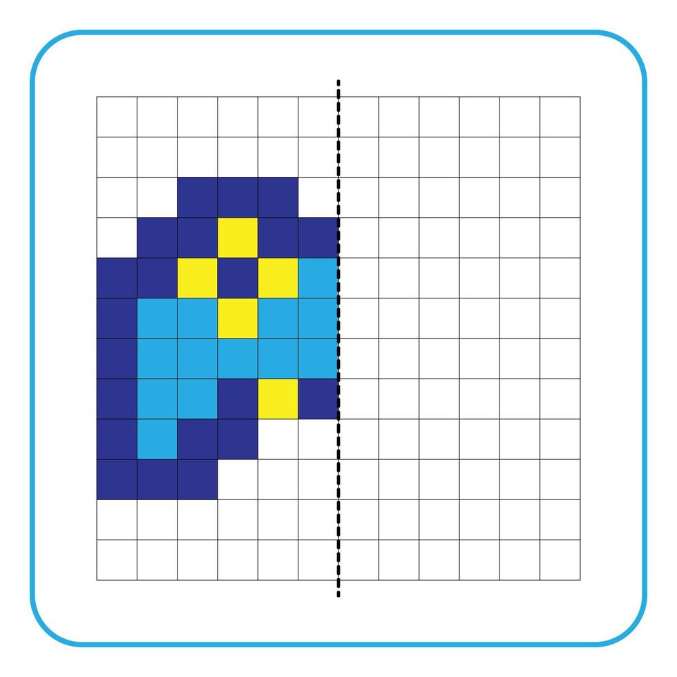 bild reflektion pedagogiskt spel för barn. lära sig att fylla i symmetriska arbetsblad för förskoleverksamhet. målarbilder, visuell perception och pixelkonst. avsluta spelkonsolen. vektor