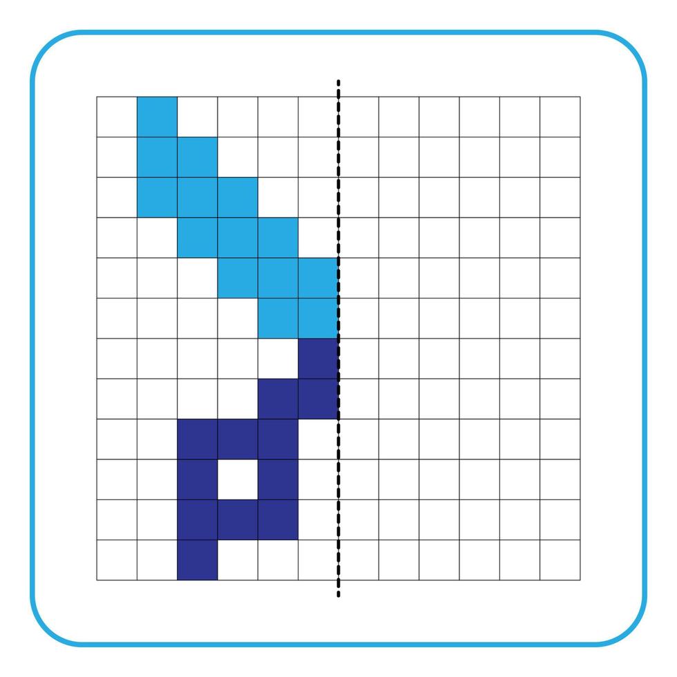 bild reflektion pedagogiskt spel för barn. lära sig att fylla i symmetriska arbetsblad för förskoleverksamhet. målarbilder, visuell perception och pixelkonst. avsluta saxen. vektor