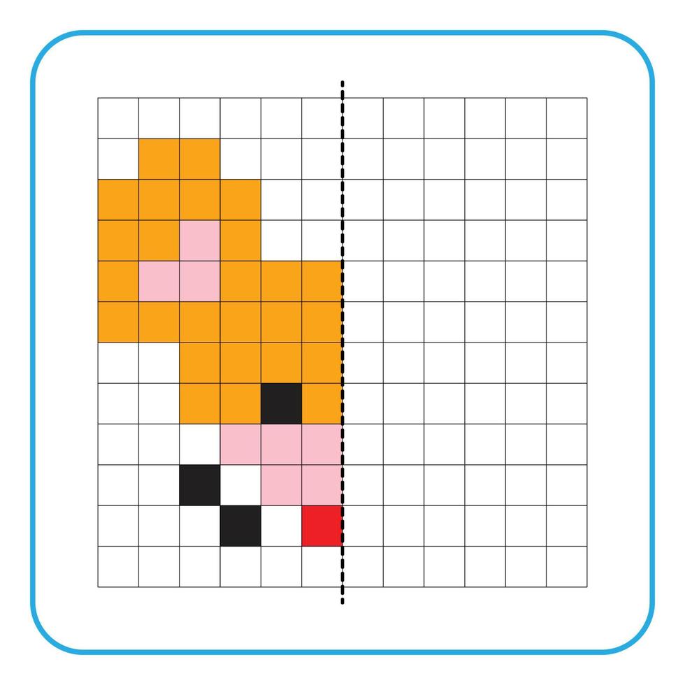 bild reflektion pedagogiskt spel för barn. lära sig att fylla i symmetriska arbetsblad för förskoleverksamhet. uppgifter för att måla rutnätssidor, bildmosaiker eller pixelkonst. avsluta musens ansikte. vektor