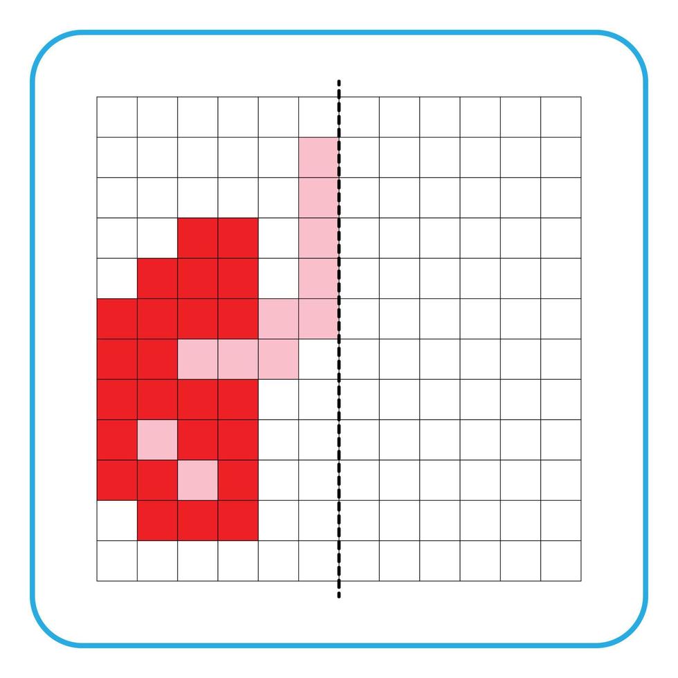 bild reflektion pedagogiskt spel för barn. lära sig att fylla i symmetriska arbetsblad för förskoleverksamhet. uppgifter för att måla rutnätssidor, bildmosaiker eller pixelkonst. avsluta lungorganen. vektor