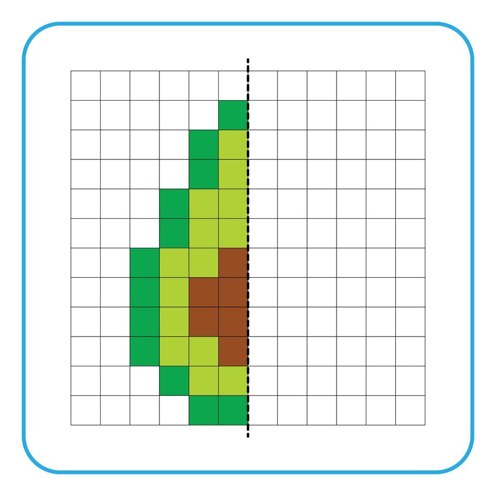 bild reflektion pedagogiskt spel för barn. lära sig att fylla i symmetriska arbetsblad för förskoleverksamhet. målarbilder, visuell perception och pixelkonst. avsluta avokadoskivorna. vektor