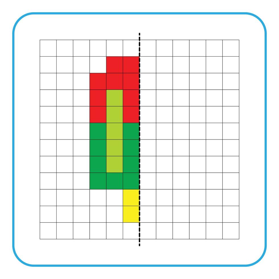 bild reflektion pedagogiskt spel för barn. lära sig att fylla i symmetriska arbetsblad för förskoleverksamhet. målarbilder, visuell perception och pixelkonst. avsluta glassbilden. vektor