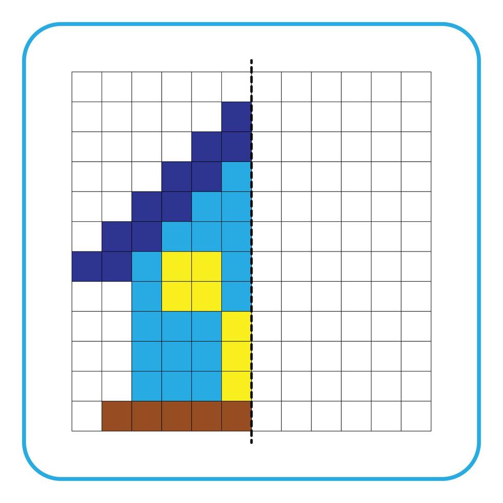 Bild Reflexion Lernspiel für Kinder. lernen, symmetrische Arbeitsblätter für Vorschulaktivitäten auszufüllen. Ausmalen von Rasterseiten, visuelle Wahrnehmung und Pixelkunst. Beenden Sie das Hausbild. vektor