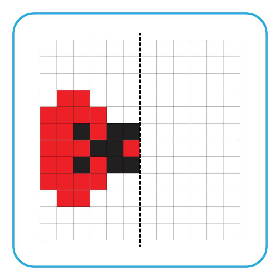 bild reflektion pedagogiskt spel för barn. lära sig att fylla i symmetriska arbetsblad för förskoleverksamhet. uppgifter för att måla rutnätssidor, bildmosaiker eller pixelkonst. avsluta flugorna. vektor